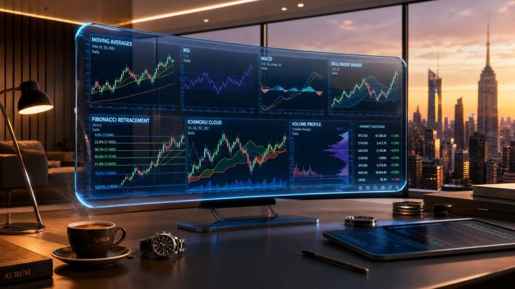technical analysis indicators trading chart showing RSI, MACD, and moving averages on forex price graph
