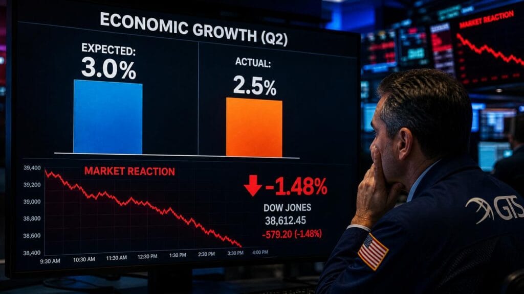Visual presentation of an example, if inflation was expected at 3.0% but comes out at 2.5%, markets may react negatively even though inflation still increased overall.