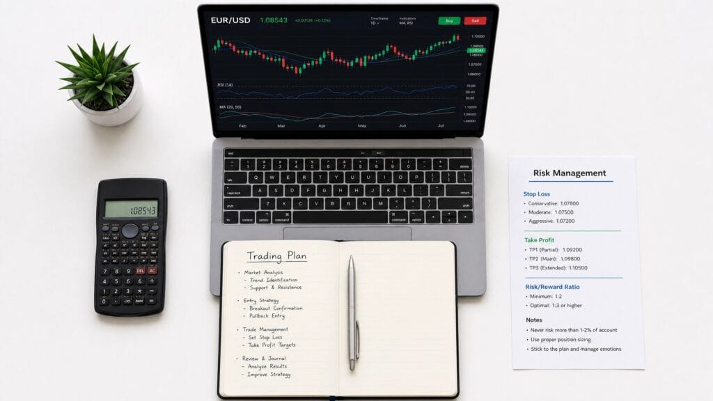 Flat lay of forex trading strategy concept: laptop with charts, notebook with trading plan, pen, calculator, and risk management notes, clean minimal workspace, professional lighting