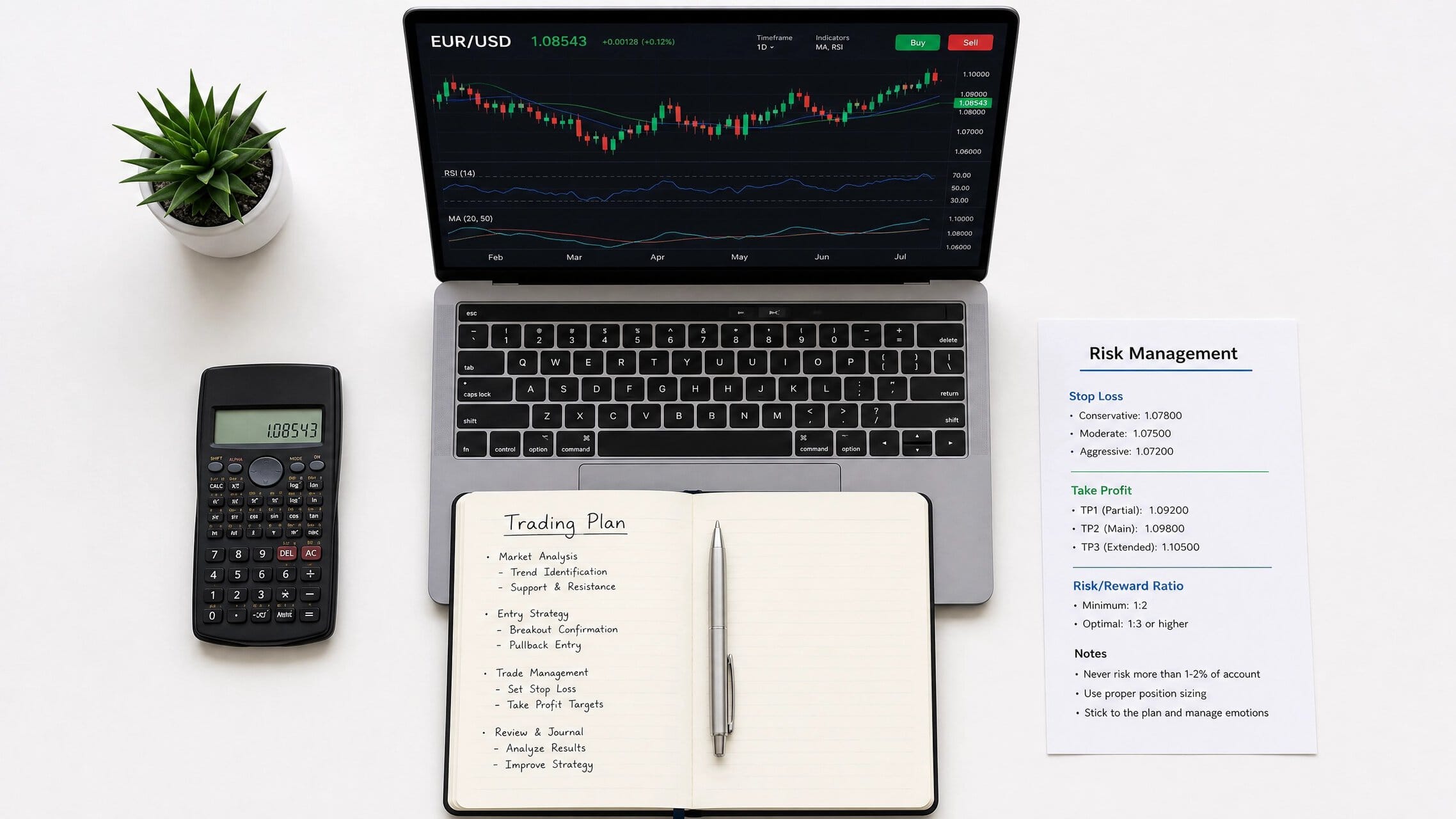 Flat lay of forex trading strategy concept: laptop with charts, notebook with trading plan, pen, calculator, and risk management notes, clean minimal workspace, professional lighting