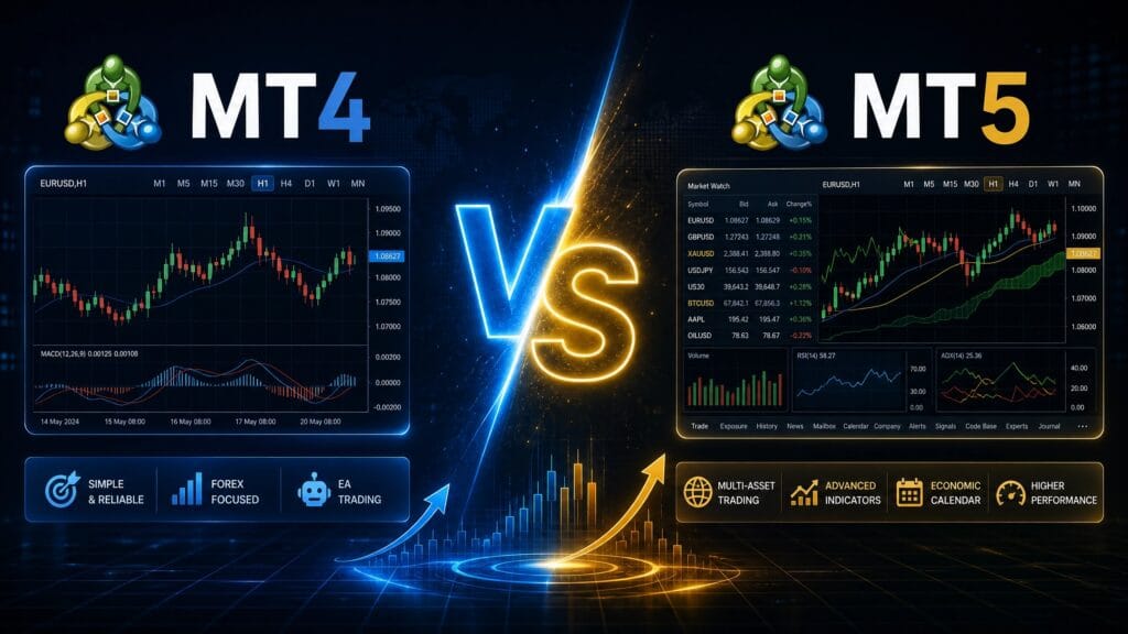 MT4 vs MT5 comparison showing the key differences between the MetaTrader trading platforms