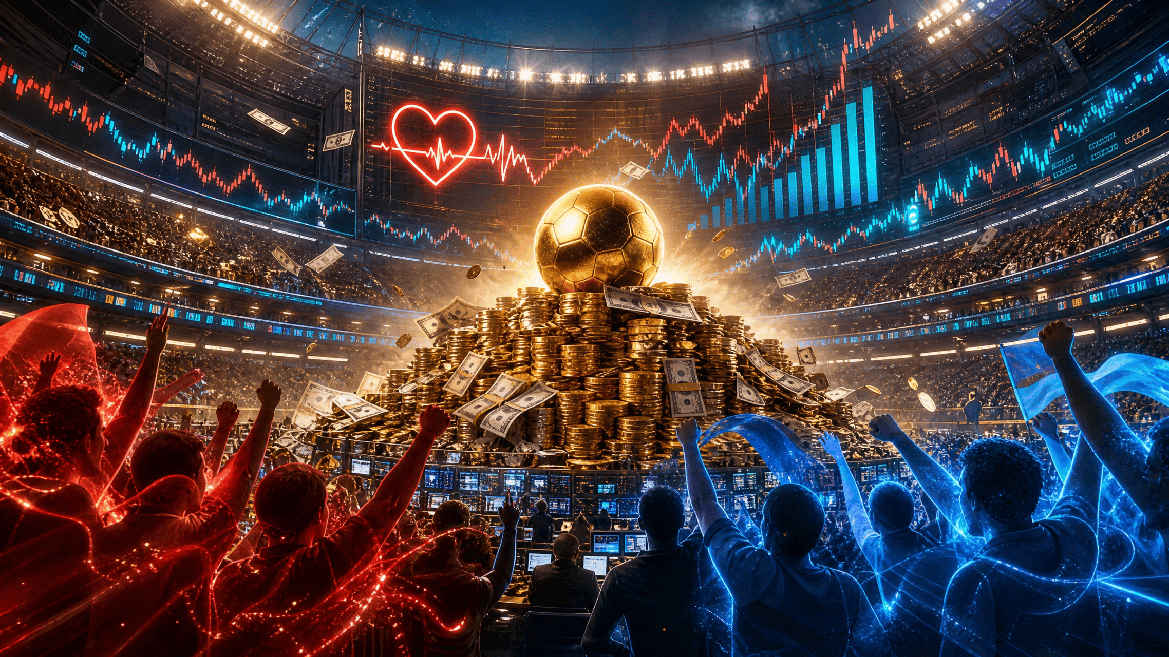 World Cup Betting Boom showing football fans, betting odds, financial market charts, and trading psychology during FIFA World Cup 2026