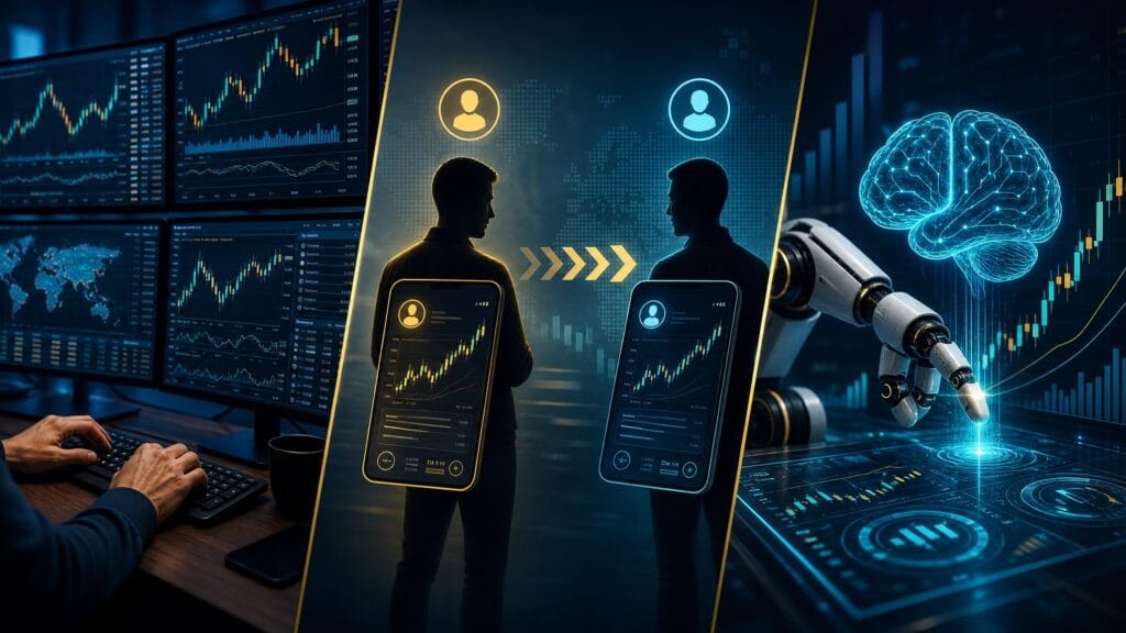 Comparison of Manual Trading vs Copy Trading vs Trading Bots showing the key differences, benefits, risks, automation level, and trader involvement for beginners.