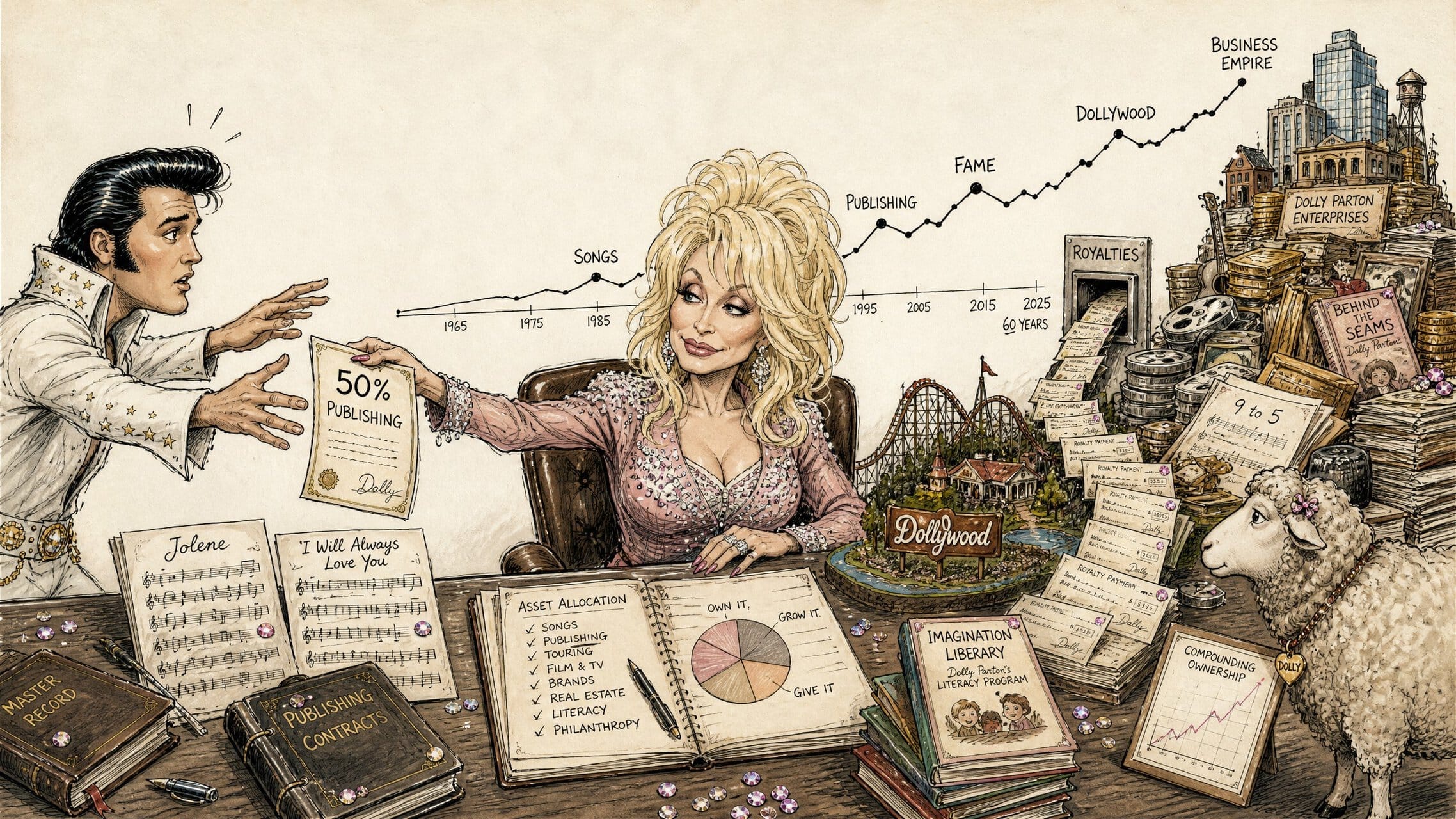 Dolly Parton business and investing editorial illustration