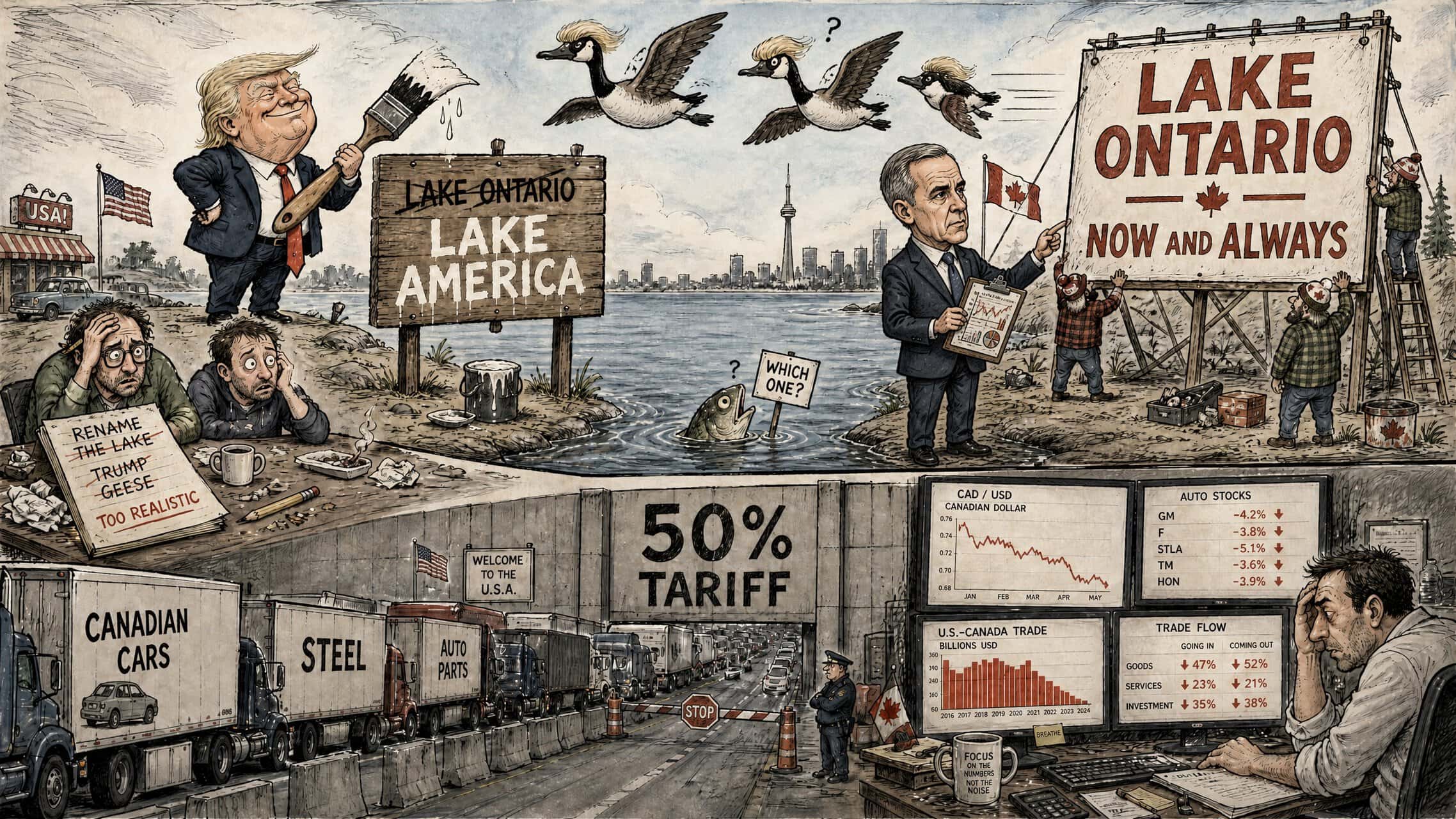 Lake America Trump Canada trade war editorial cartoon