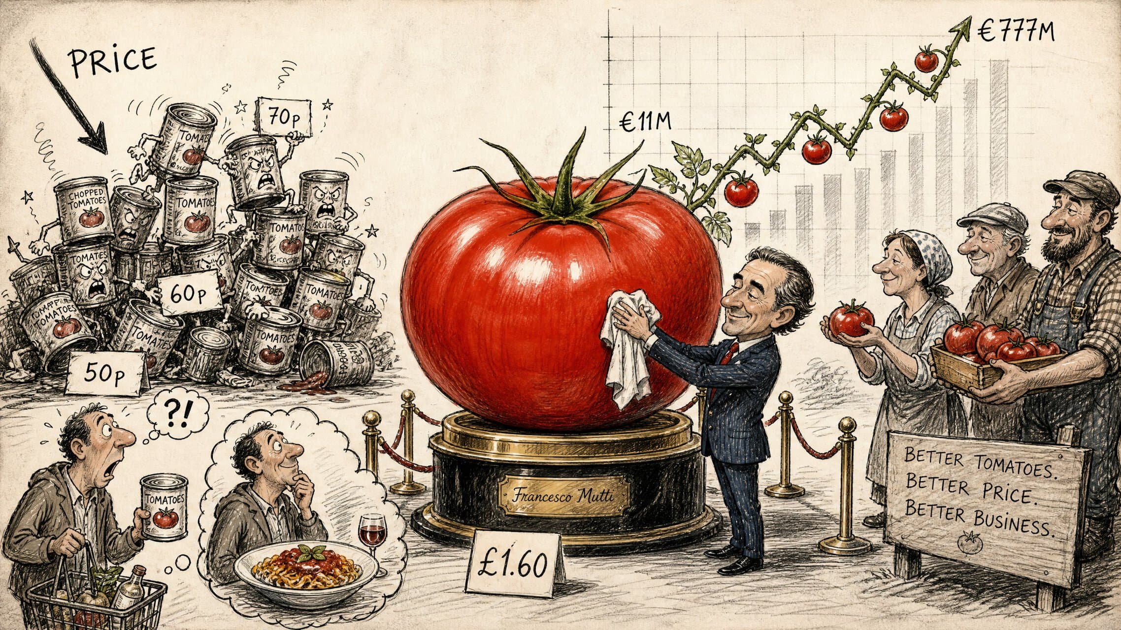 Mutti Tomatoes premium tomato business editorial cartoon