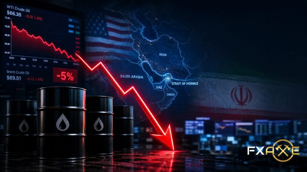 Oil prices fell more than 5% as U.S.-Iran tensions ease and risk sentiment improves