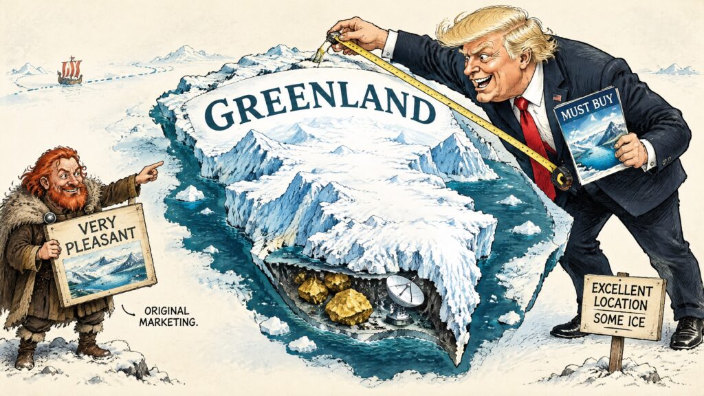 Greenland and Donald Trump alongside Erik the Red in a satirical Arctic map