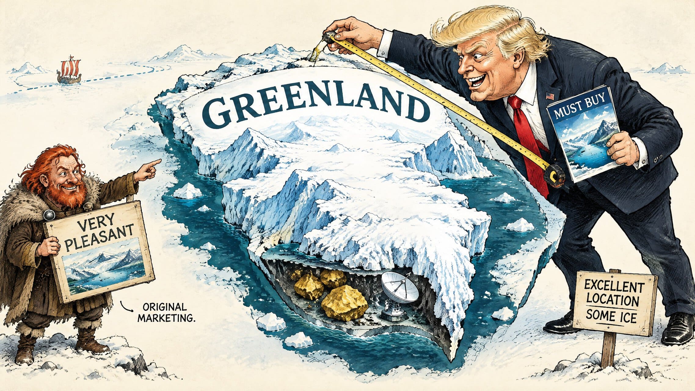 Greenland and Donald Trump alongside Erik the Red in a satirical Arctic map