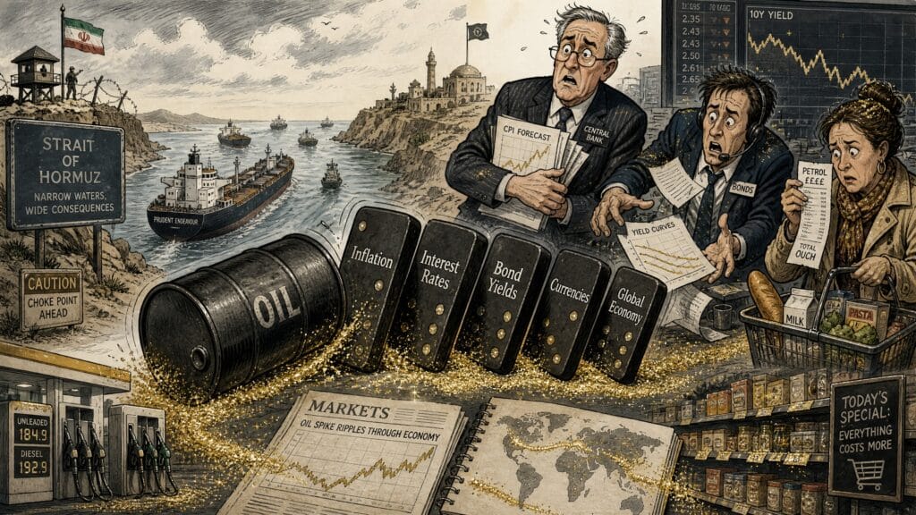 Editorial cartoon showing the Iran war causing an oil price shock that spreads through inflation, interest rates, currencies and the global economy.