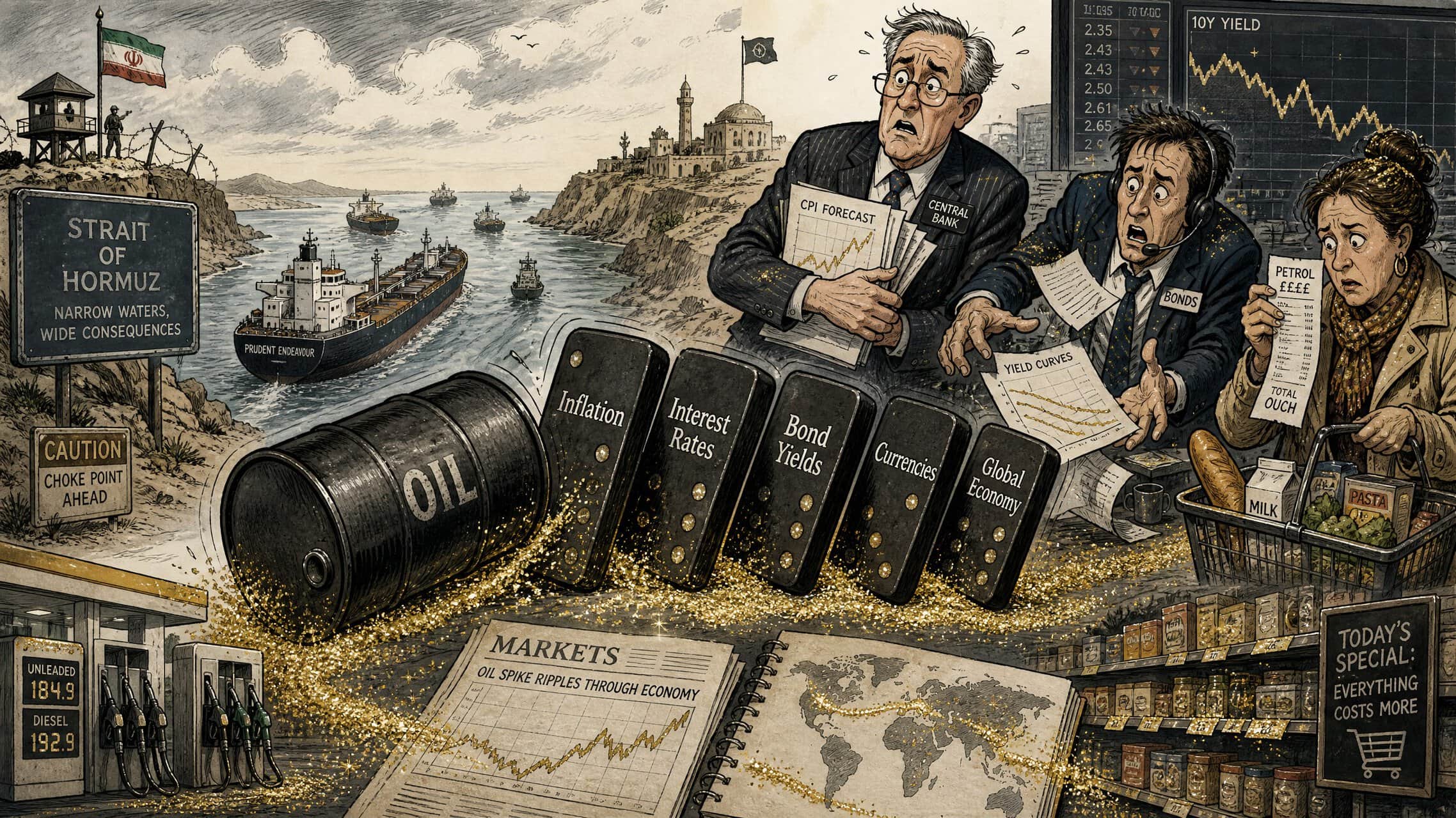 Editorial cartoon showing the Iran war causing an oil price shock that spreads through inflation, interest rates, currencies and the global economy.