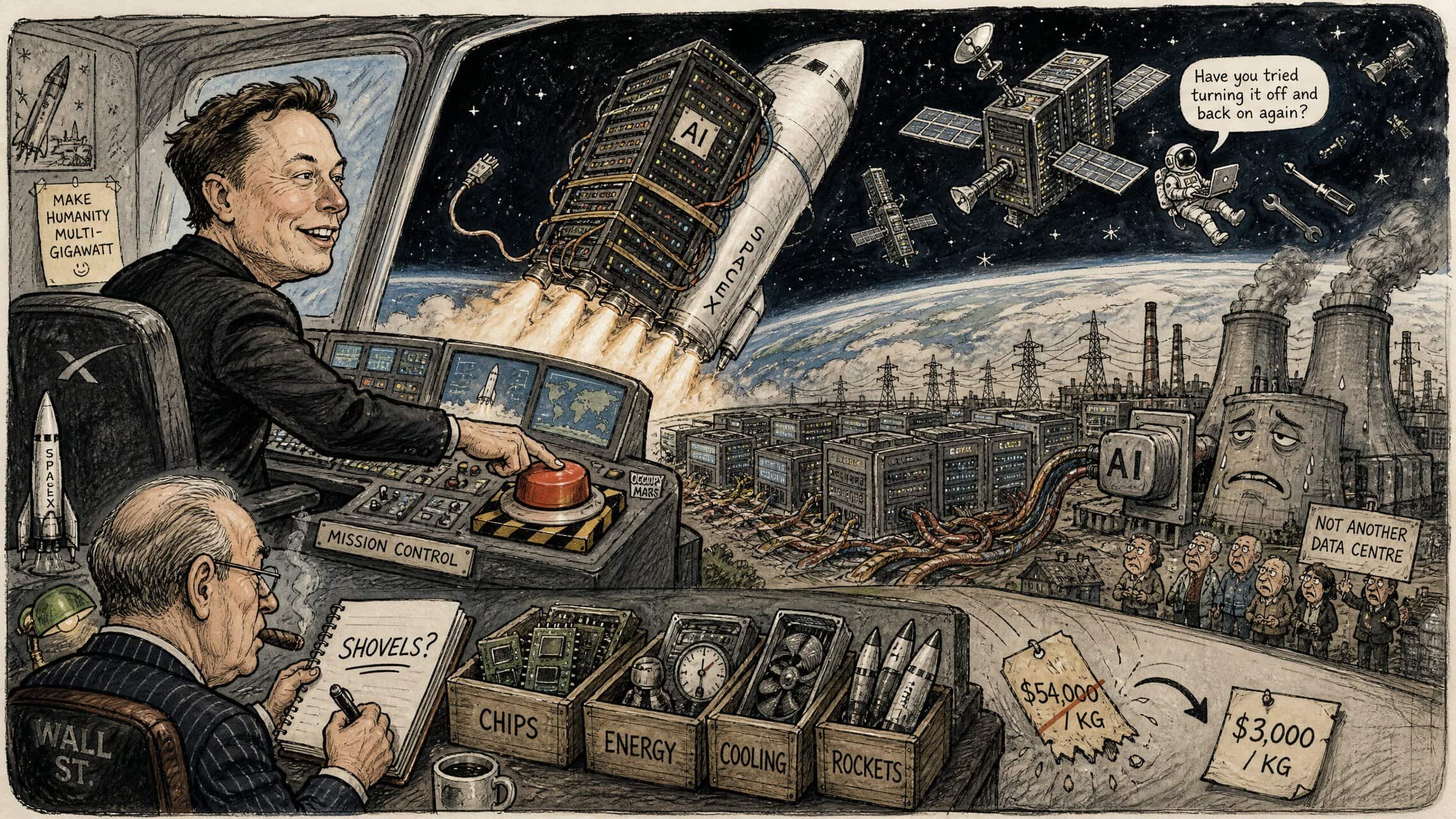 AI data centres in space with Elon Musk editorial cartoon