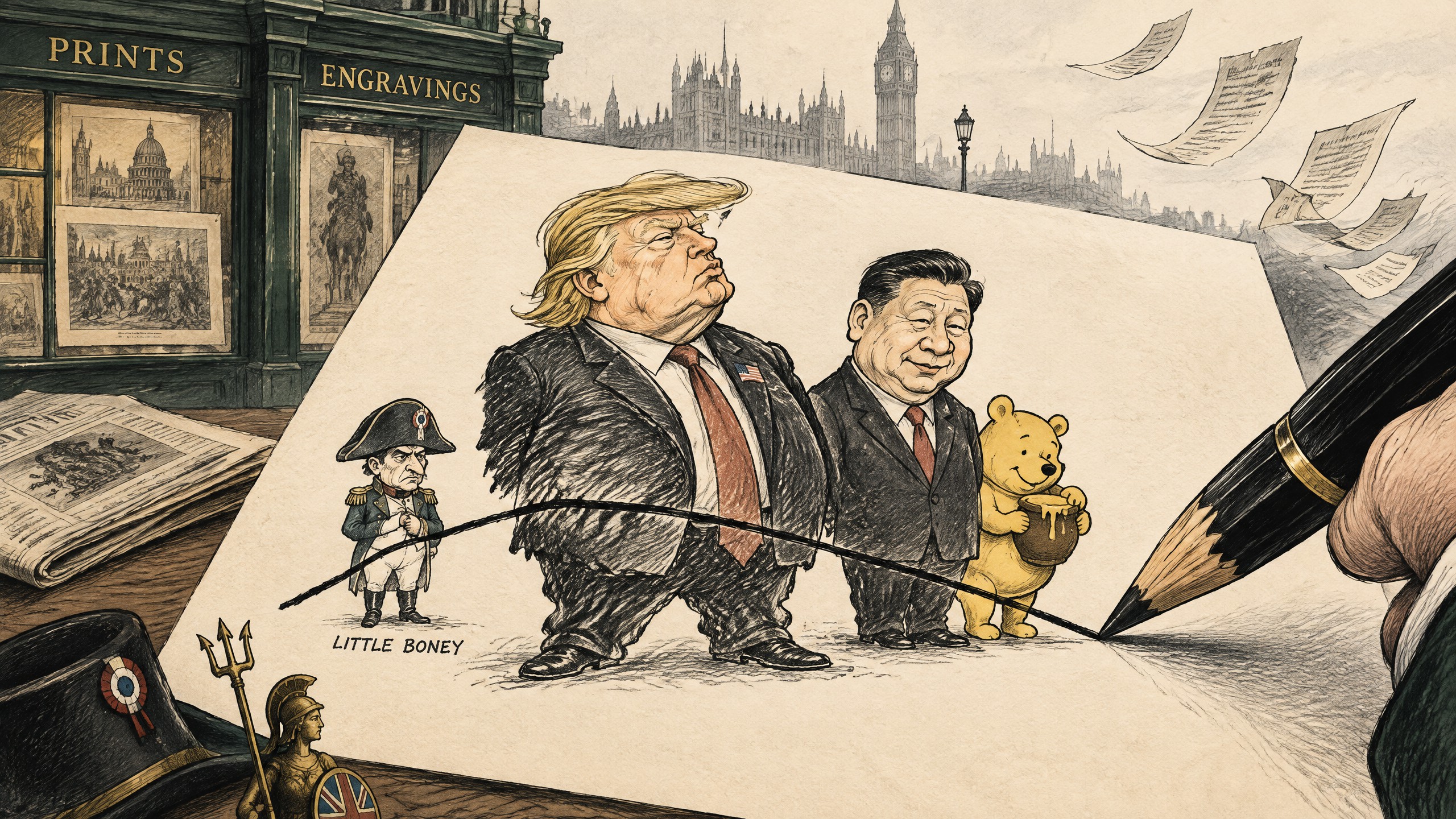 Editorial cartoon showing political caricatures of Napoleon, Trump and Xi Jinping illustrating the enduring power of political satire
