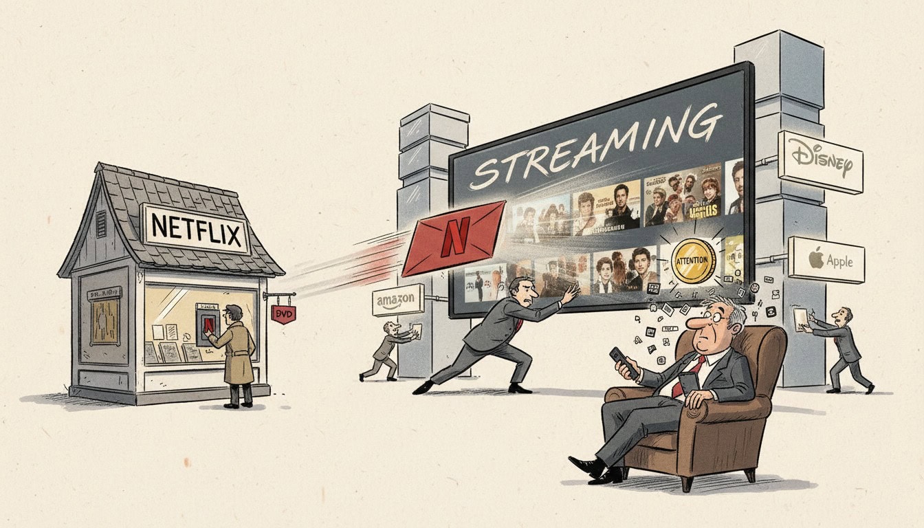 Editorial cartoon showing Netflix&rsquo;s evolution from DVD rentals to streaming dominance as major entertainment competitors fight for viewers&rsquo; attention.