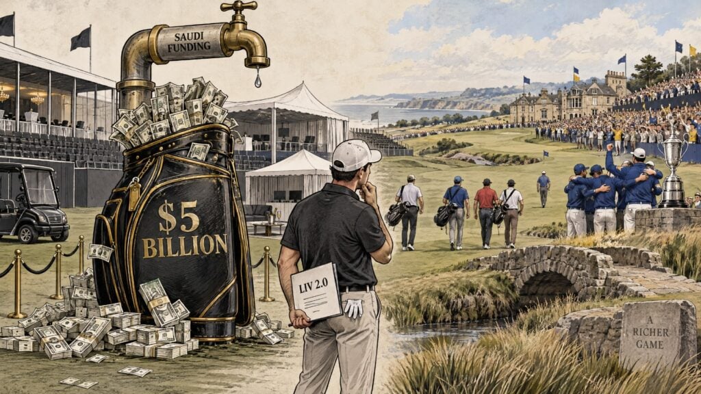 Editorial cartoon of LIV Golf’s financial struggles, showing Saudi investment money, golf stars and Jon Rahm as the league fights to survive without guaranteed funding.