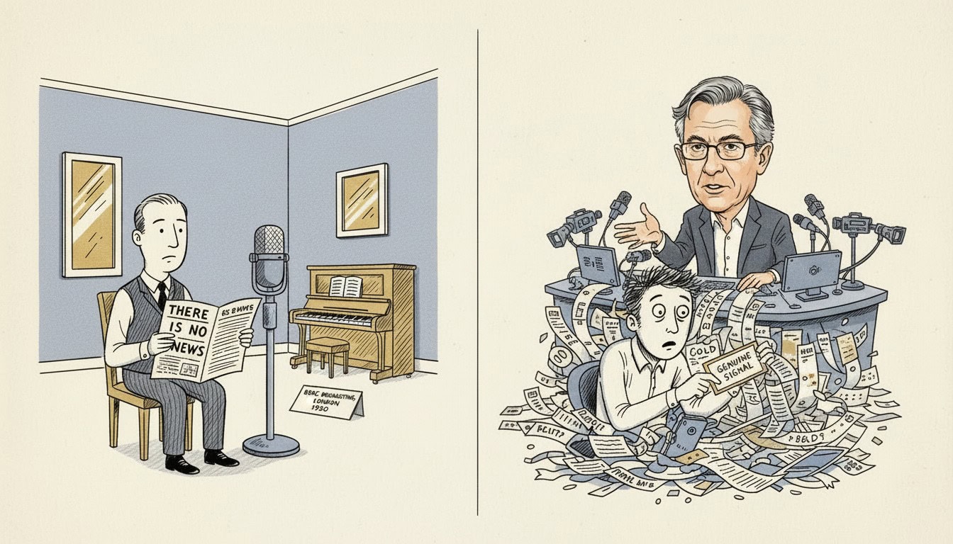 Editorial cartoon contrasting the BBC&rsquo;s 1930 no-news bulletin with Piers Morgan&rsquo;s modern digital media empire and an overwhelming stream of financial headlines.