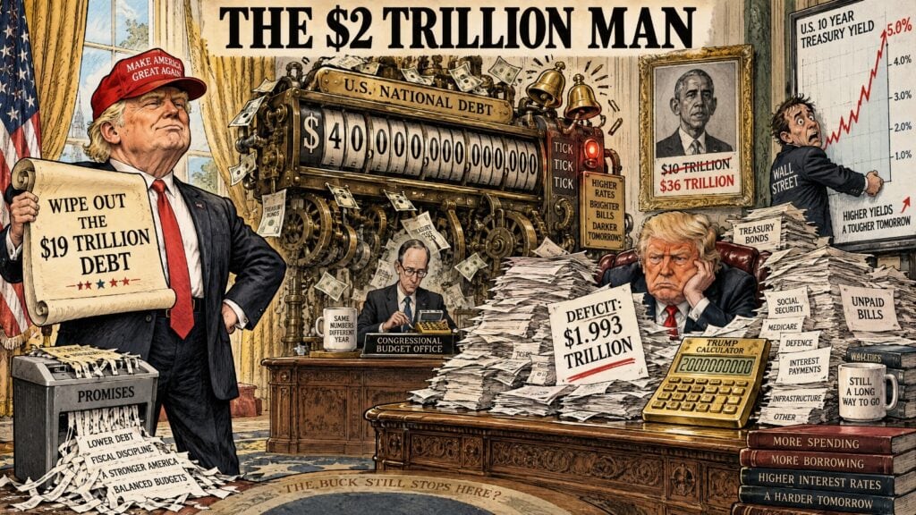 Editorial cartoon of Donald Trump confronting his past self over America’s nearly $2 trillion budget deficit and rising national debt.
