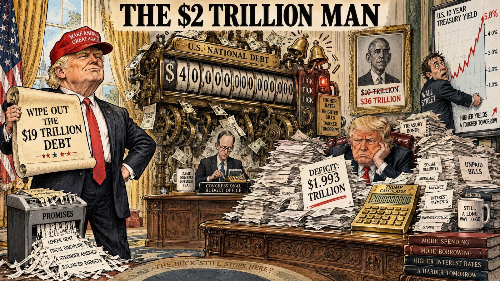Editorial cartoon of Donald Trump confronting his past self over America&rsquo;s nearly $2 trillion budget deficit and rising national debt.