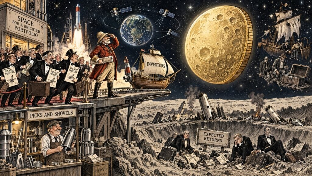 Editorial cartoon illustrating investing in space, with rockets, satellites and speculative investors weighing the opportunities and risks of the growing space economy.