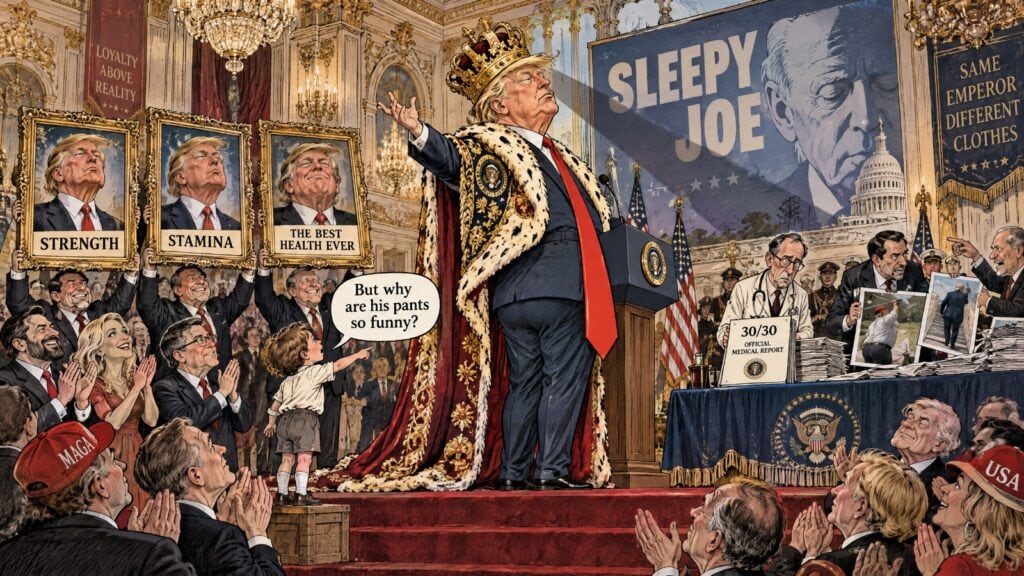 Editorial cartoon depicting Donald Trump and the controversy surrounding his trousers, presidential image, ageing and questions about fitness for office.