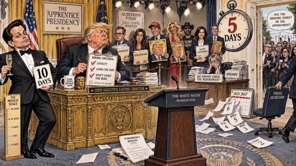 Editorial cartoon depicting Donald Trump overseeing White House hiring, with an empty press secretary podium, a ticking five-day clock and Anthony Scaramucci representing the brief tenure of Katie Zacharia.