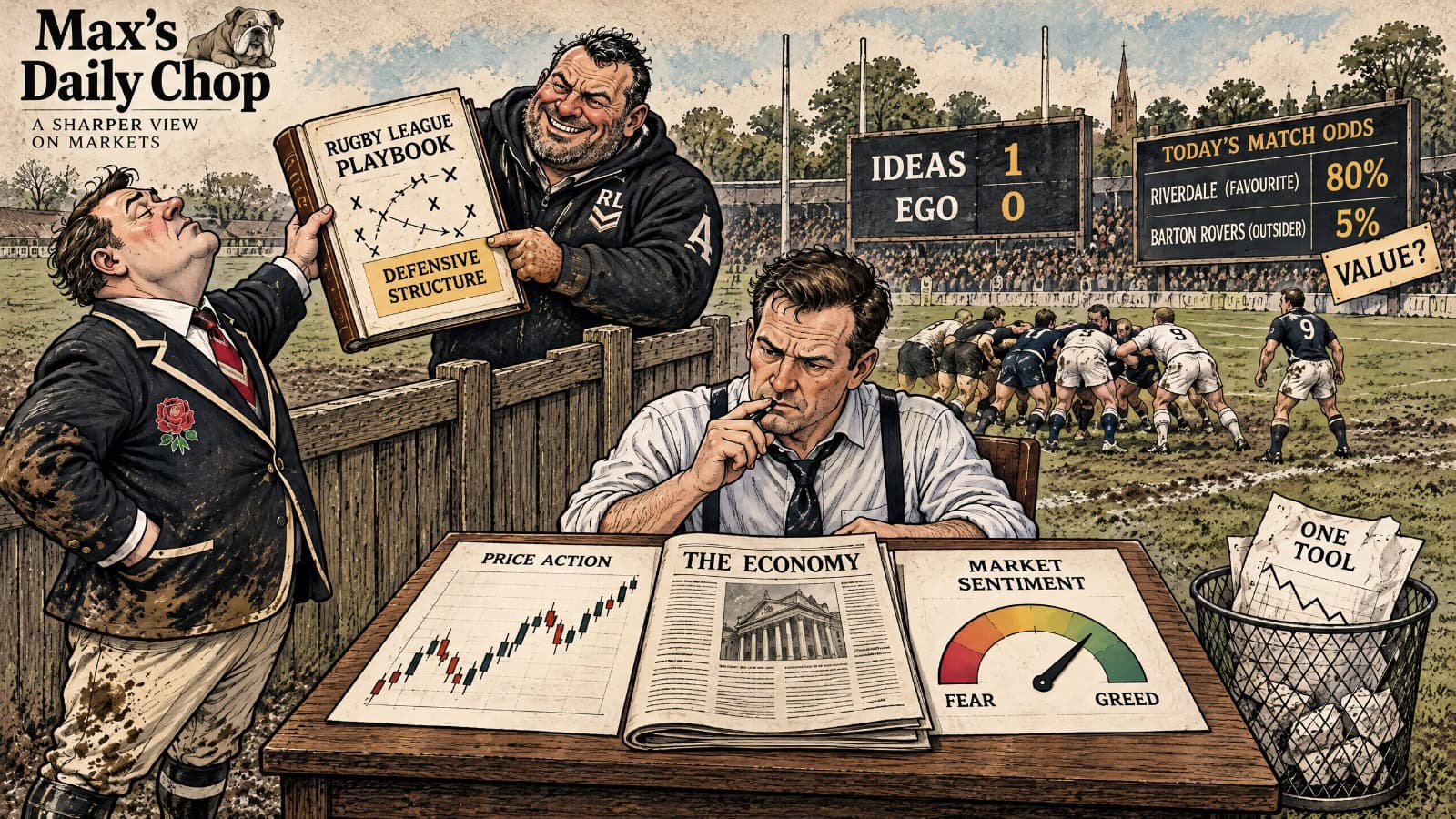 Editorial cartoon showing aEditorial cartoon showing a rugby union coach borrowing rugby league tactics while a trader combines charts, economic data and market sentiment to improve a trading strategy.league tactics while a trader combines charts, economic data and market sentiment to improve a trading strategy.