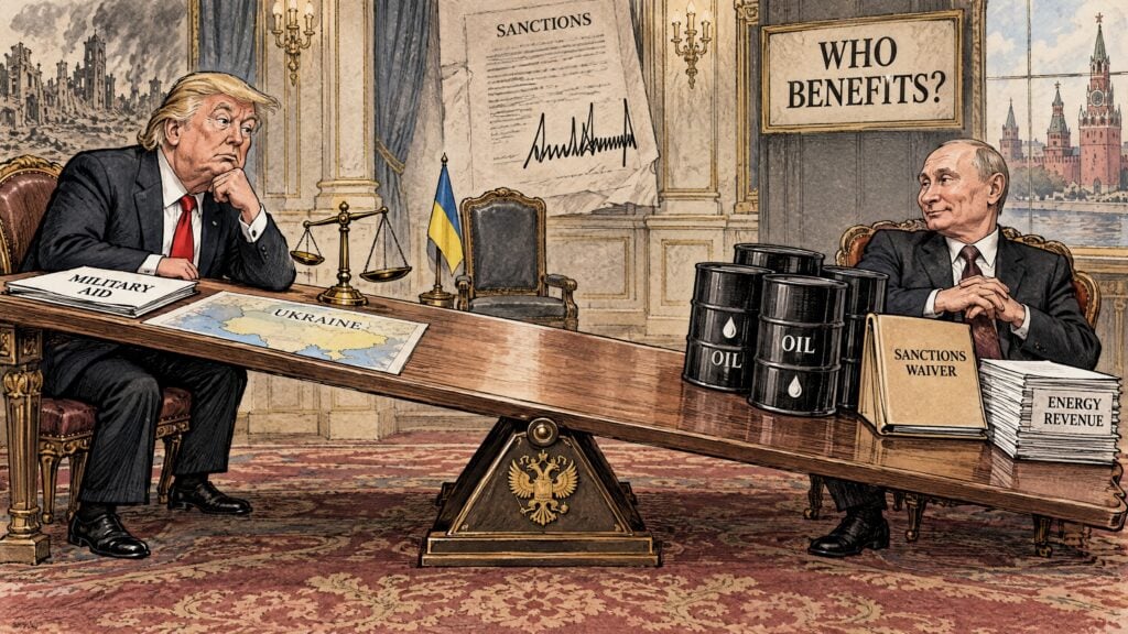 Editorial cartoon depicting Donald Trump and Vladimir Putin across a negotiating table, with a sanctions document, Russian fuel barrels and a map of Ukraine symbolising the debate over whether US policy benefits Russia.