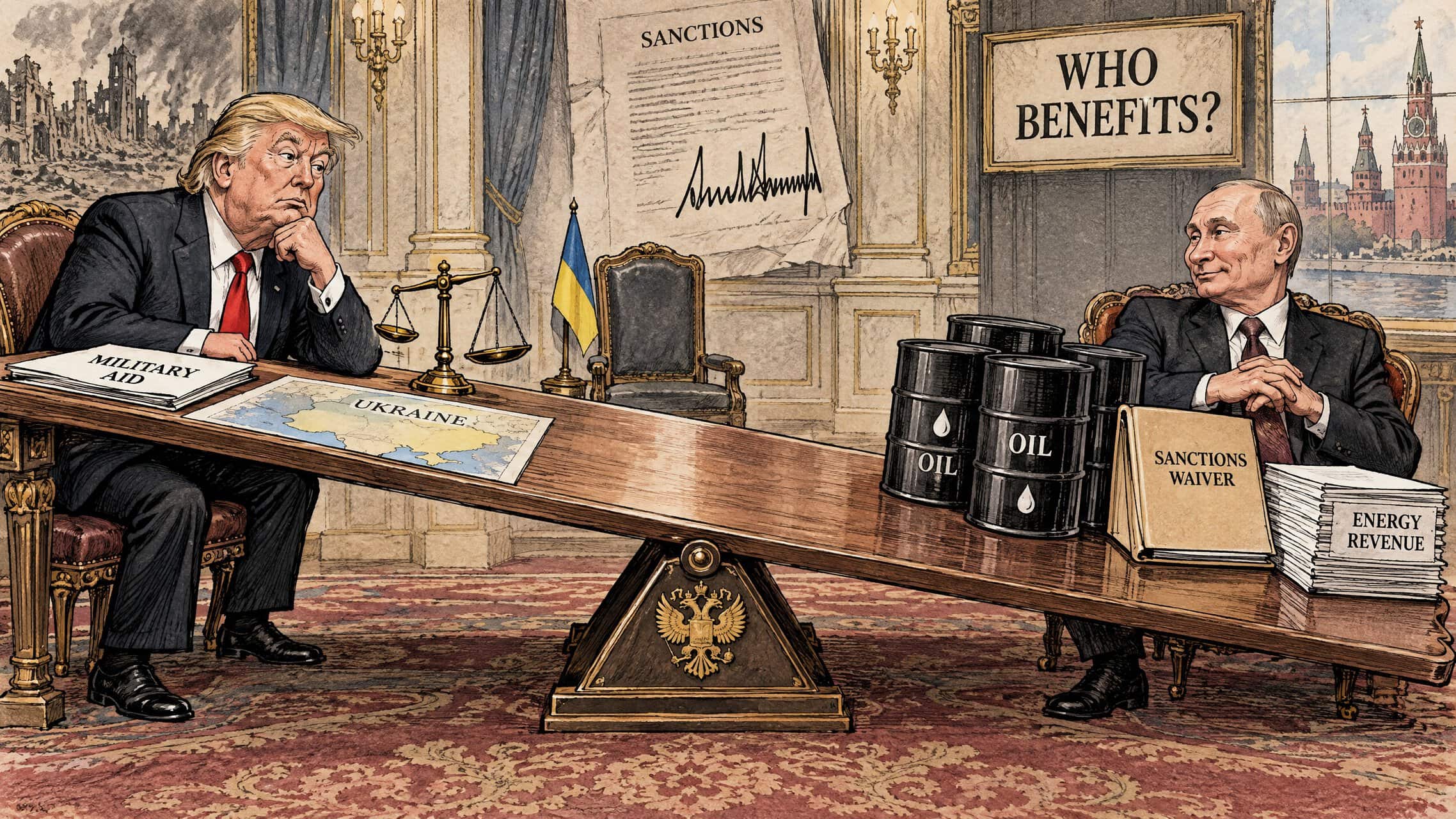 Editorial cartoon depicting Donald Trump and Vladimir Putin across a negotiating table, with a sanctions document, Russian fuel barrels and a map of Ukraine symbolising the debate over whether US policy benefits Russia.