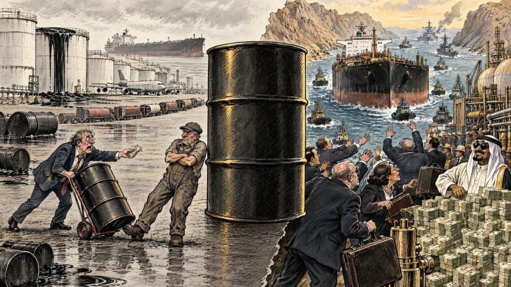 Editorial cartoon showing an oil barrel plunging below zero on one side and soaring above $110 on the other, with a crowded storage facility, oil tankers and geopolitical tensions illustrating the dramatic swings in oil prices.