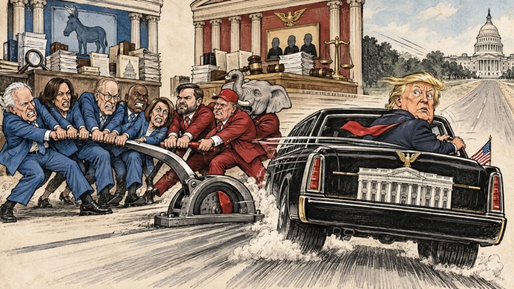 Editorial cartoon showing Donald Trump in the White House while Democrats and Republicans compete for control of the US Congress, with the House and Senate represented as levers controlling the brakes on his presidency.