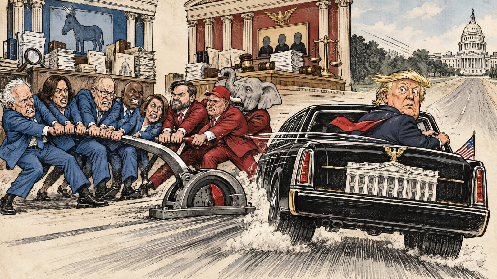 Editorial cartoon showing Donald Trump in the White House while Democrats and Republicans compete for control of the US Congress, with the House and Senate represented as levers controlling the brakes on his presidency.
