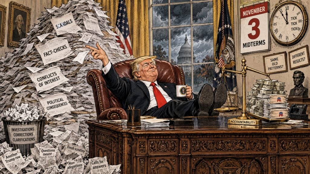 Editorial cartoon of Donald Trump facing political consequences and accountability during his second presidency ahead of the 2026 US midterm elections.