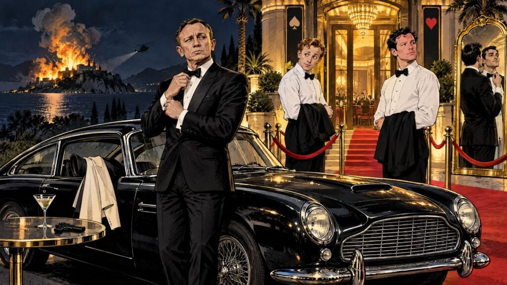 Editorial cartoon of the next James Bond casting debate featuring Jack Lowden, Callum Turner and the iconic 007 Aston Martin.