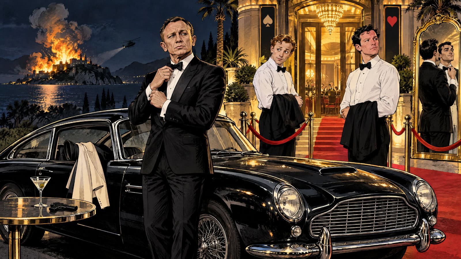 Editorial cartoon of the next James Bond casting debate featuring Jack Lowden, Callum Turner and the iconic 007 Aston Martin.