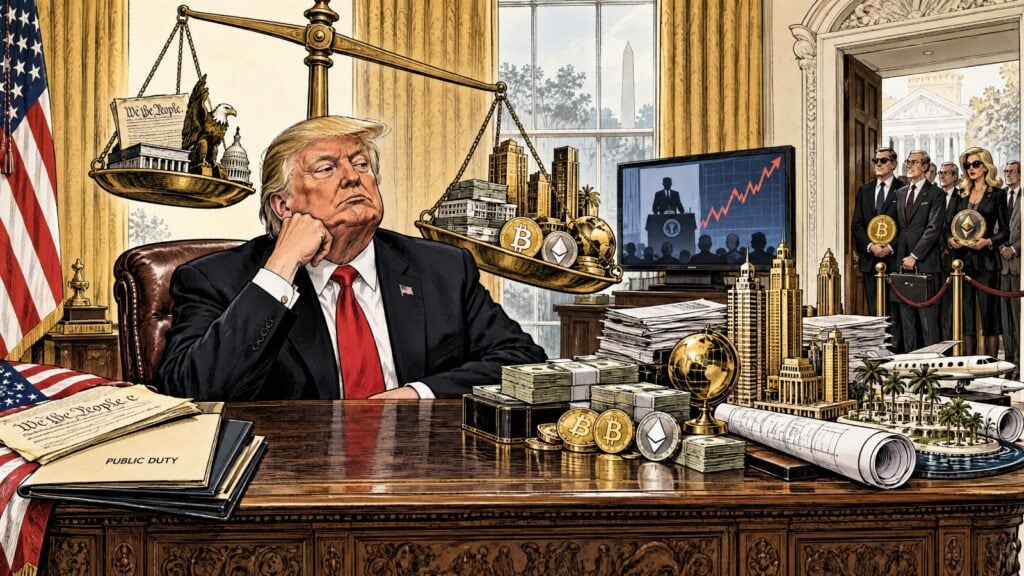 Editorial cartoon depicting Donald Trump balancing his presidency with his personal business empire, cryptocurrency ventures and foreign business deals, highlighting questions about conflicts of interest.