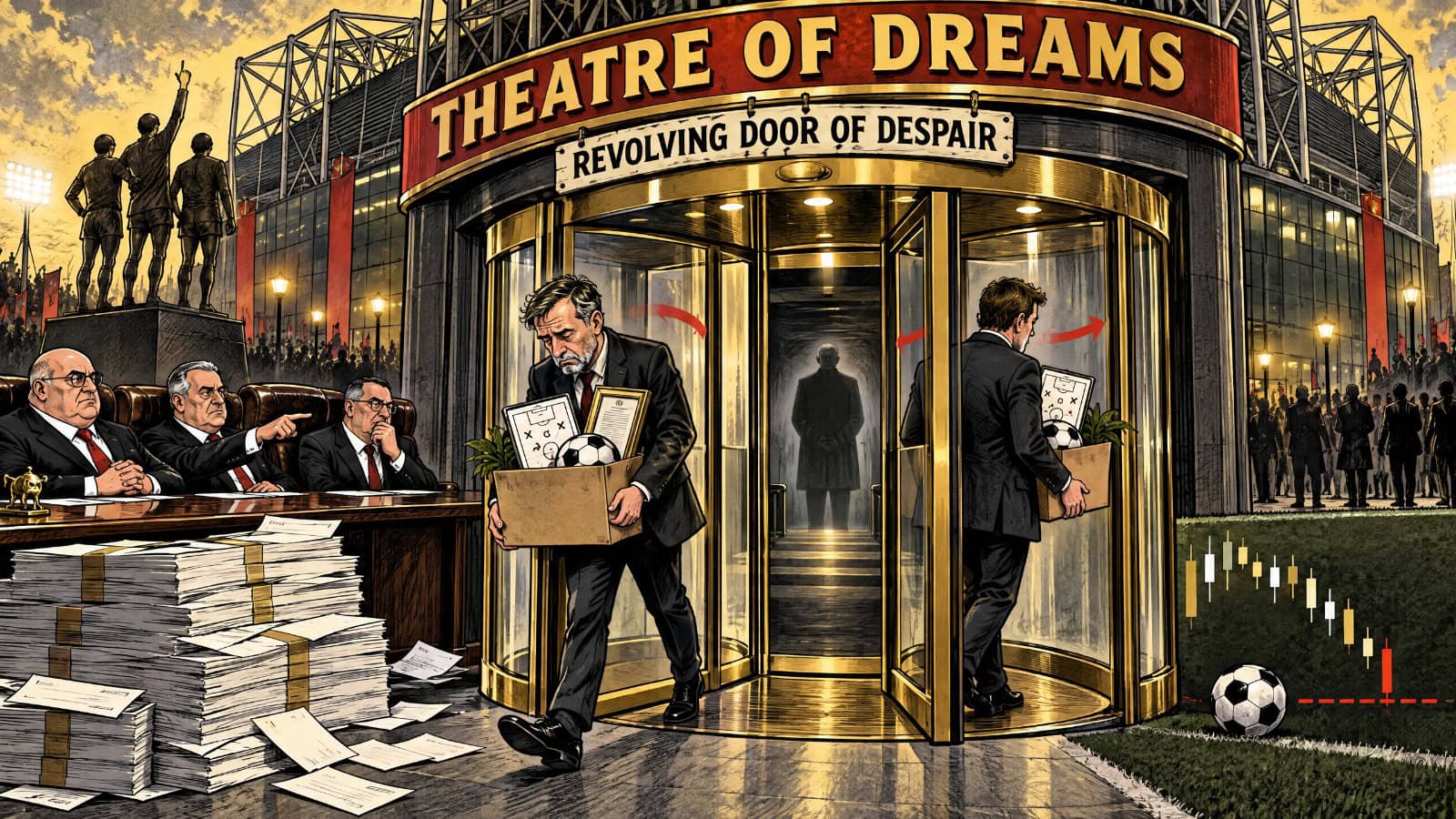 Editorial cartoon of a football manager being sacked beside a revolving door at Manchester United, illustrating the cost of repeated managerial changes.