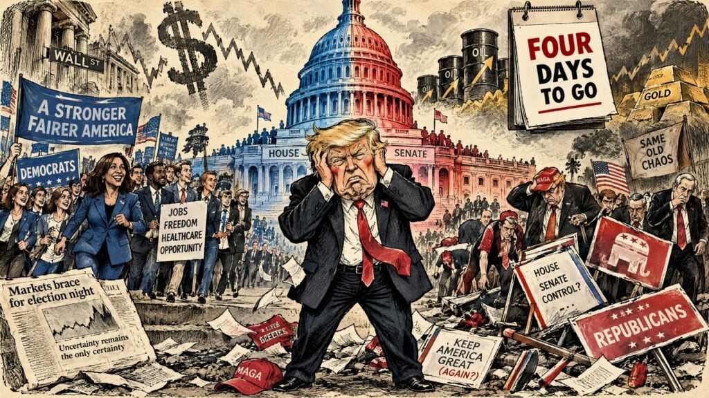 Editorial cartoon depicting Donald Trump facing the 2026 US midterm elections, with Democrats and Republicans competing for control of Congress, the White House and financial markets in the background.