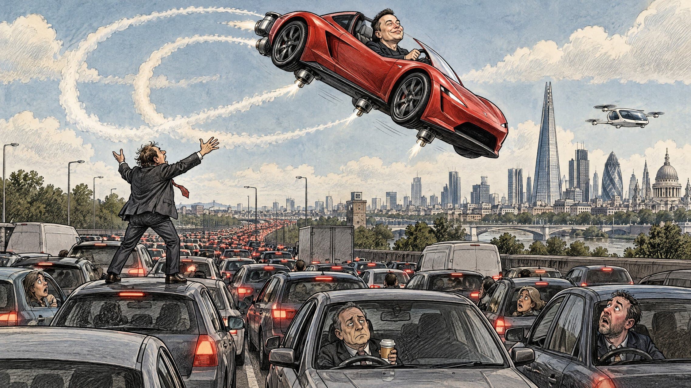 Editorial cartoon of Elon Musk&rsquo;s Tesla Roadster launching into the air using SpaceX-inspired thrusters while motorists sit trapped in a traffic jam below, illustrating the difference between a stunt-capable car and a true flying car.