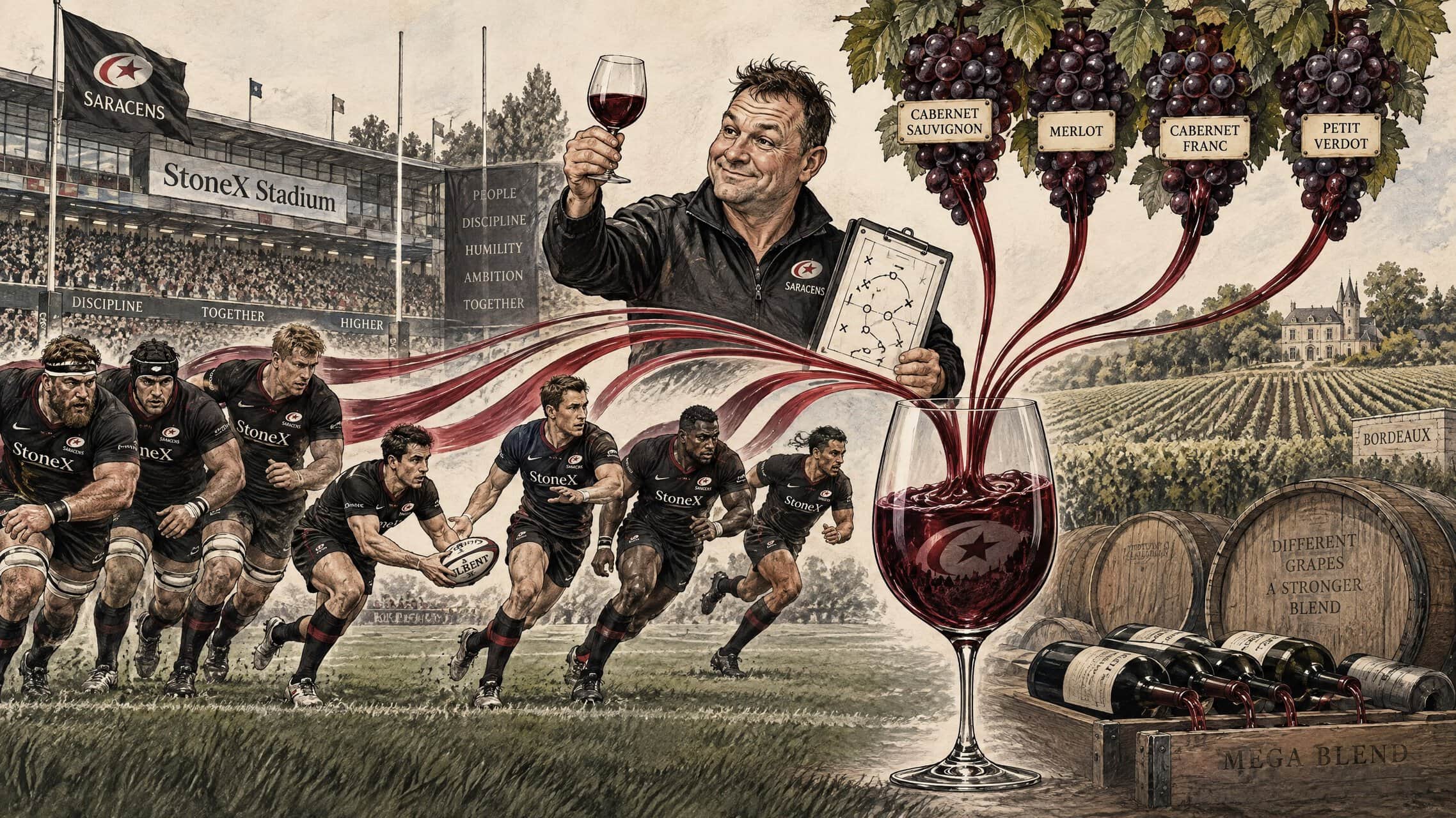 Rugby team and red wine representing the perfect blend of different strengths